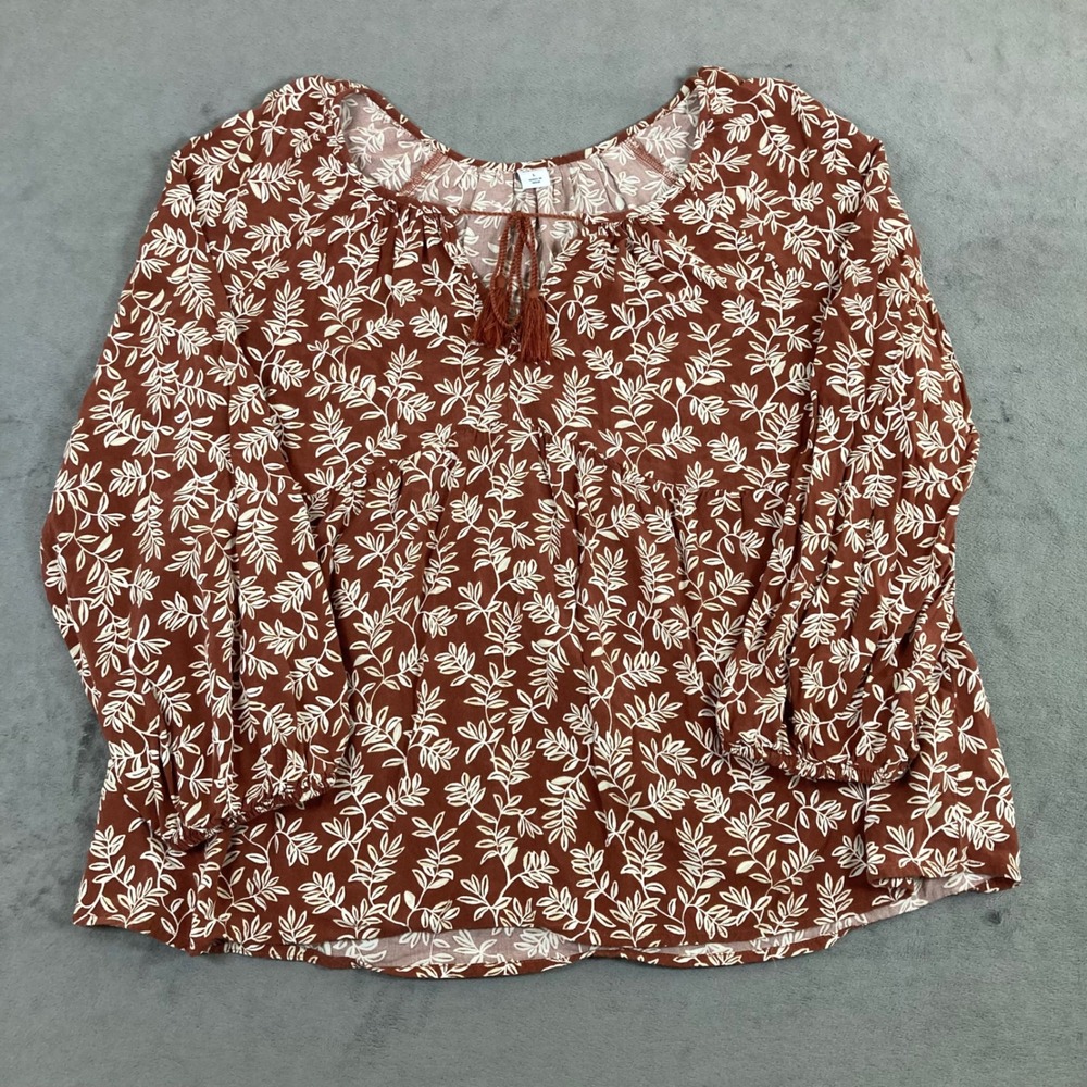 Old Navy Womens Rust Brown Leaf Print Tassel Tie Babydoll Blouse Top Large